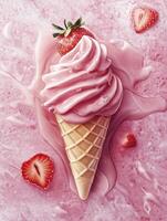 Delicious Strawberry Ice Cream Cone with Pink Drizzle Close-up photo