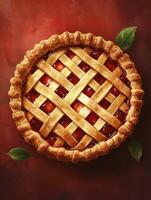 Baking Fresh Cherry Pie with Lattice Crust and Green Leaf Accent photo
