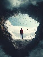 Man Standing on Edge Looking at Sky with Falling Debris photo