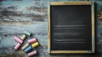 Chalkboard with Chalk on Rustic Wood Surface Ready for Text photo