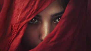 Intense Gaze of Woman Framed by Flowing Red Fabric Creates Mystery photo