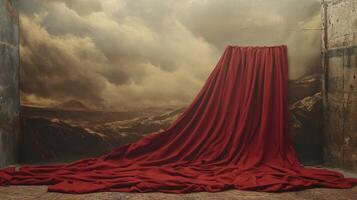 Red Curtain Drape Over Stormy Painted Backdrop in a Studio Setting photo
