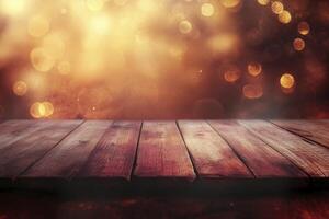 Wooden Table with Bokeh Lights Background for Product Display Mockup photo