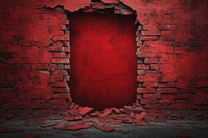 Broken Red Brick Wall with Hole Leading to Red Background photo
