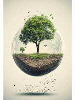 Tree Surrounded in Sphere with Flying Birds and Soil Particles Below photo
