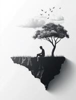 Man Sitting Under Tree on Floating Island Contemplating Birds in Sky photo