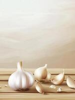 Garlic Still Life Illustration on Wooden Table for Culinary Themes photo