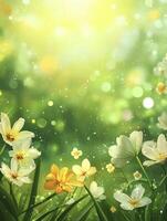 Flowers Blooming in Lush Green Meadow with Sunlight and Bokeh photo