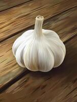 Isolated Garlic Head on Rustic Wood Grain Texture Background Illustration photo