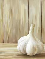 Garlic Bulb Still Life on Wooden Table Culinary Illustration photo