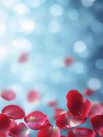 Falling Red Rose Petals with Water Droplets on a Bokeh Background photo