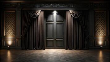 A room with dark curtains and a wooden floor photo