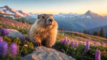 A marmot is standing on a rock in front of purple flowers photo