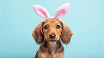 A cute dachshund puppy wearing bunny ears photo
