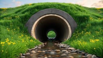 A tunnel with grass and flowers on the side photo