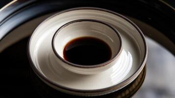 A black and white bowl with a cup of coffee photo