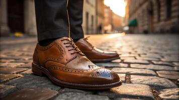 A man wearing brown shoes and a suit photo