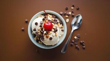 Chocolate chip ice cream with cherry and chocolate chips on brown background photo