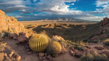 Cactus in the desert with clouds and mountains in the background photo