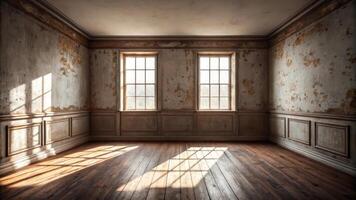 An empty room with wood floors and peeling paint photo