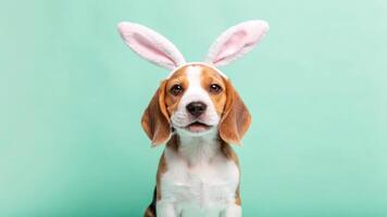 A beagle dog wearing bunny ears on a green background photo