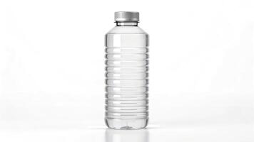 A clear plastic bottle with a lid on a white background photo