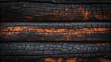 Black burnt wood background with orange flames photo