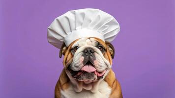 A bulldog wearing a chef hat on a purple background photo
