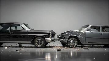 Two old cars are shown in a collision photo