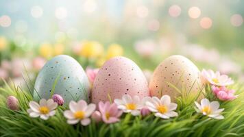 Three colorful easter eggs in the grass with flowers photo