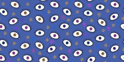 Seamless Pattern with Abstract Psihedelic Eyes with Grunge Effect and Hand Drawn Decorations. Retro creative background vector