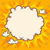 Comic Book Explosion Frame With Retro Pop Art Speech Bubble Background. Vibrant cartoon design with a blank space for text or messages. Bold yellow and orange burst effects, clouds, and stars. Perfect vector