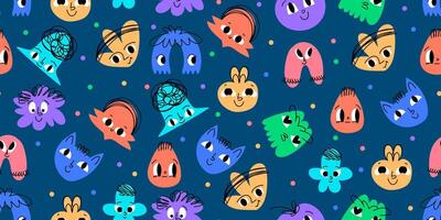 Colorful Doodle Abstract Geometrical Shapes of Blobs with Faces, Seamless Pattern. Hand drawn organic multicolored funny cartoon avatars. Happy decorative emoticons for kids vector