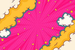 Comic Book Frame With Retro Pop Art Clouds on a Pink Background. Vibrant cartoon design with a blank space for text or messages. Bold yellow and orange burst effects, clouds, and stars. Perfect for vector
