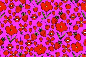 Cute Pink Seamless Pattern with Cherry, Strawberry, Hearts and Flowers in Hand Drawn Style. Retro creative repeatable background vector