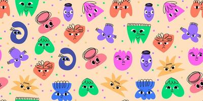 Colorful Doodle Abstract Seamless Pattern with Geometrical Shapes of Blobs with Faces. Hand drawn organic multicolored funny cartoon avatars. Happy decorative emoticons for kids vector