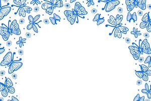 Butterfly Decorative Frame with Blue and White Doodle Florals. Elegant design with delicate butterflies and flowers in hand drawn style, perfect for invitations, greeting cards, and graphic projects vector