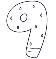 Cartoon number 9 outline design with watermelon pattern, number hand drawn. for school worksheet, card, template png
