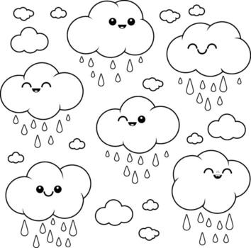 Cute raining cloud characters. Funny happy smiley clouds. Smiling clouds with raindrops. Black and white coloring page. vector