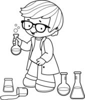 Student boy in chemistry class. Child doing science experiments. Black and white coloring page. vector