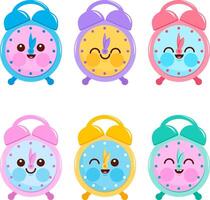 Cute colorful alarm clock characters. Happy time alarm clocks. Cartoon alarm clocks characters. vector