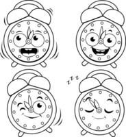 Set of four happy alarm clocks characters. A ringing, a smiling, a winking and a sleeping time alarm clock. Black and white coloring page. vector