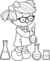 Girl using chemistry test tubes and doing science experiments. Student girl in chemistry class at school. Black and white coloring page. vector