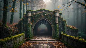 An old stone archway in the woods with moss growing on it photo