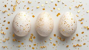 Three white eggs with gold confetti on a white background photo