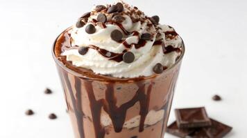 A chocolate milkshake with whipped cream and chocolate chips photo