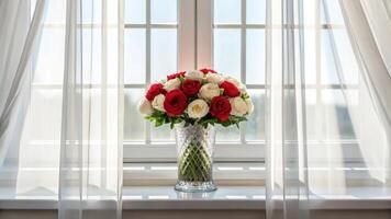 A bouquet of red and white roses sitting on a window sill photo