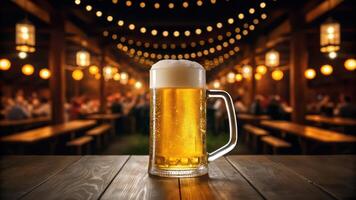 A beer mug on a wooden table in front of a crowd photo
