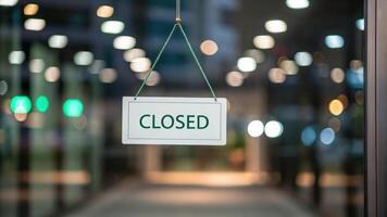 A closed sign hanging from a door in a building photo