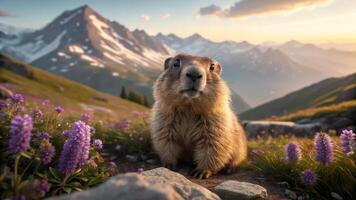 A marmot is standing on a mountain with purple flowers photo